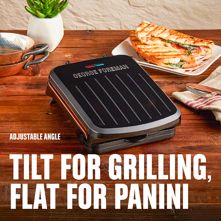 2 Serving Classic Plate Electric Indoor Grill and Panini Press Black with Copper Plates George Foreman